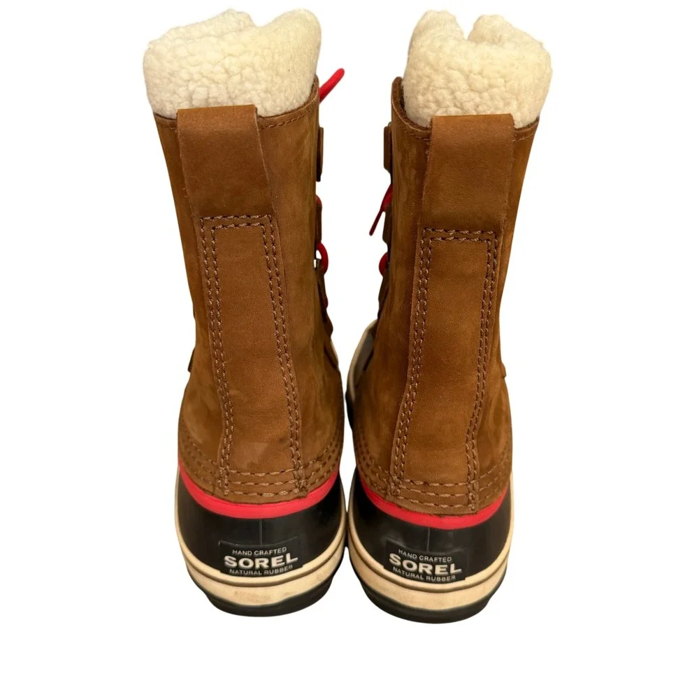 Sorel Caribou Waterproof Winter Boots Tan Suede Red Laces Women Size 8 Excellent